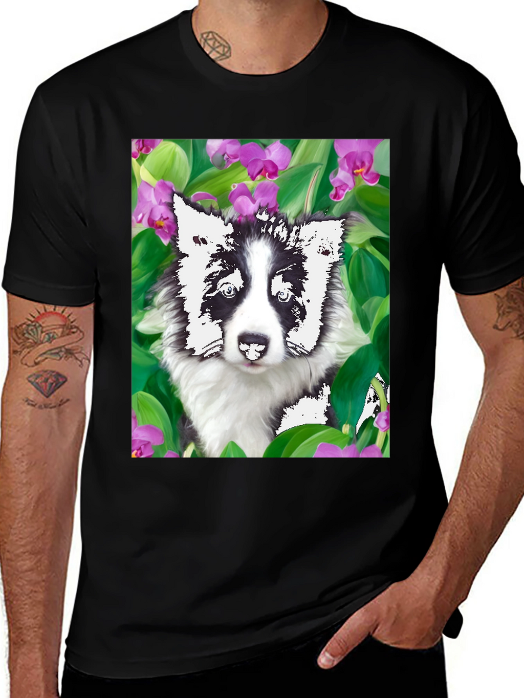Dog & Flower Graphic Tee - Black T-Shirt
