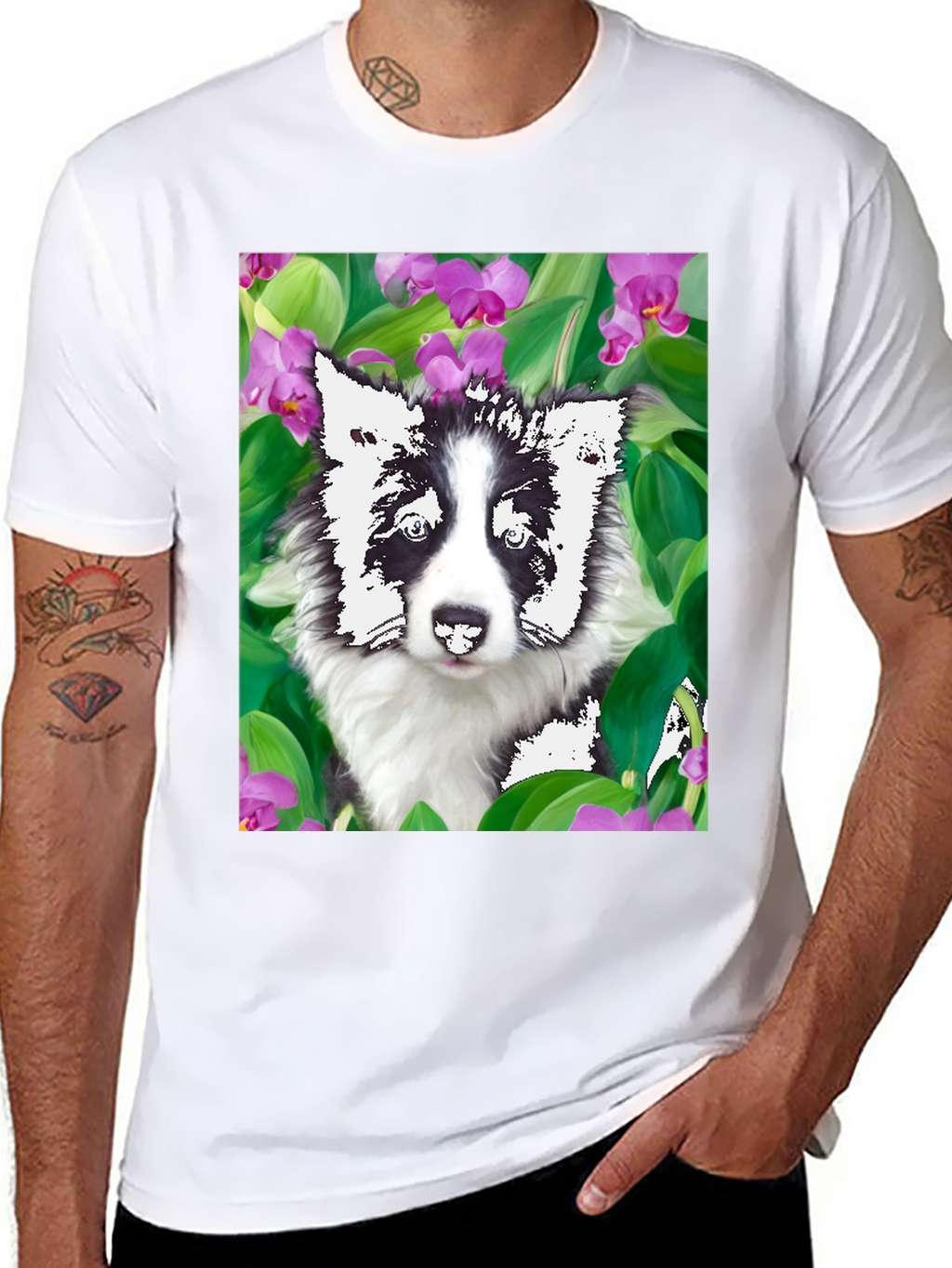 Dog & Flower Graphic Tee - Black T-Shirt