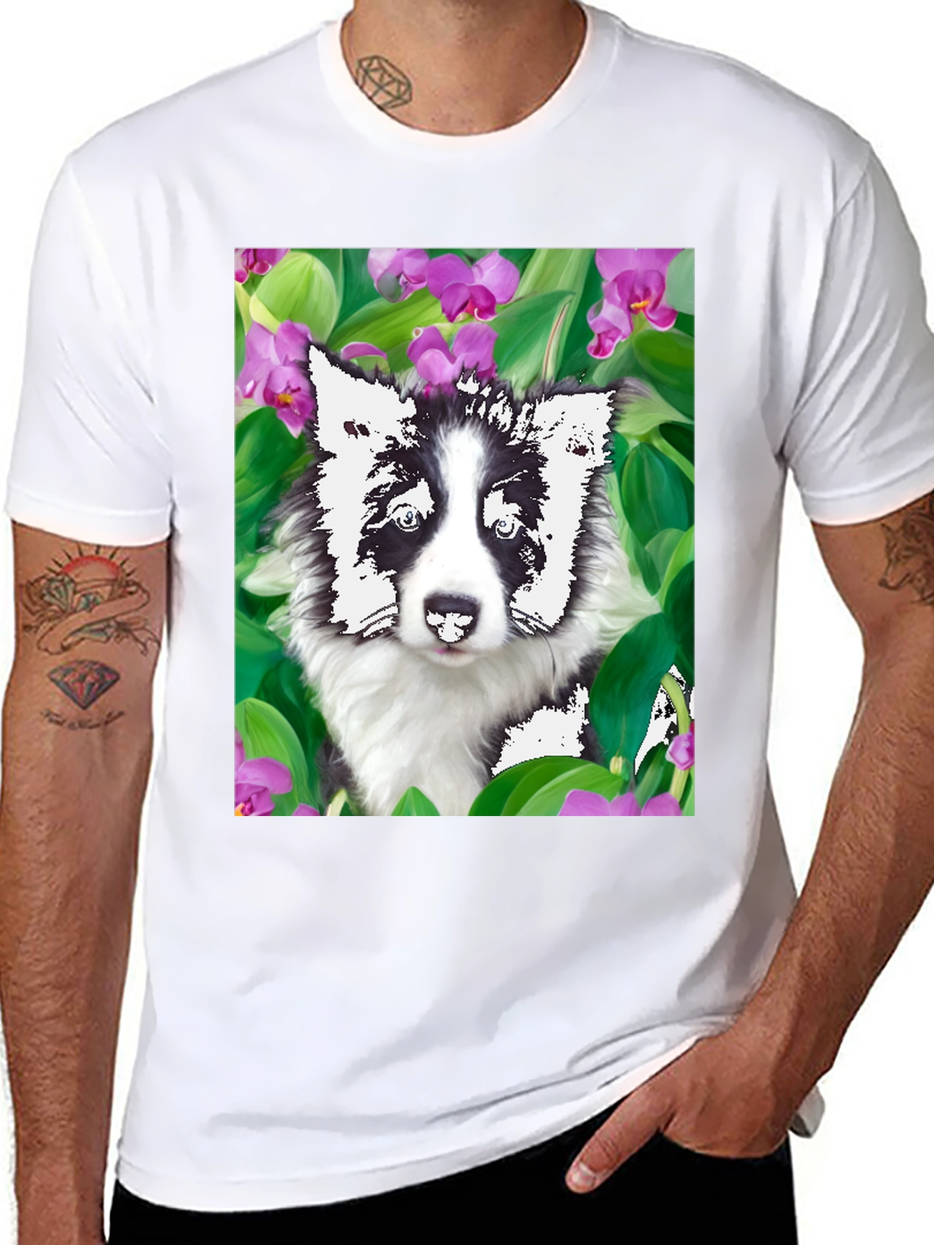 Dog & Flower Graphic Tee - Black T-Shirt