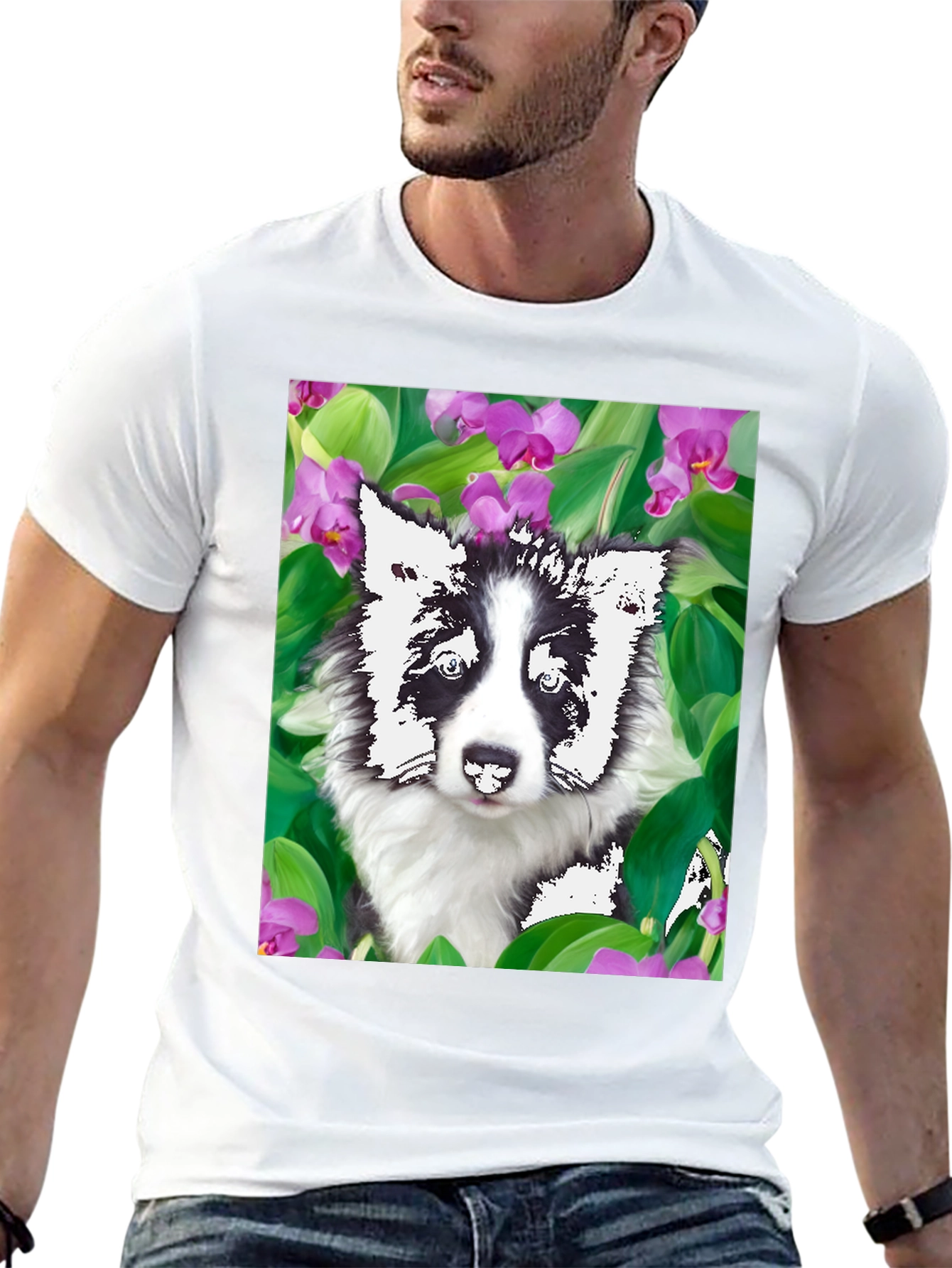 Dog & Flower Graphic Tee - Black T-Shirt