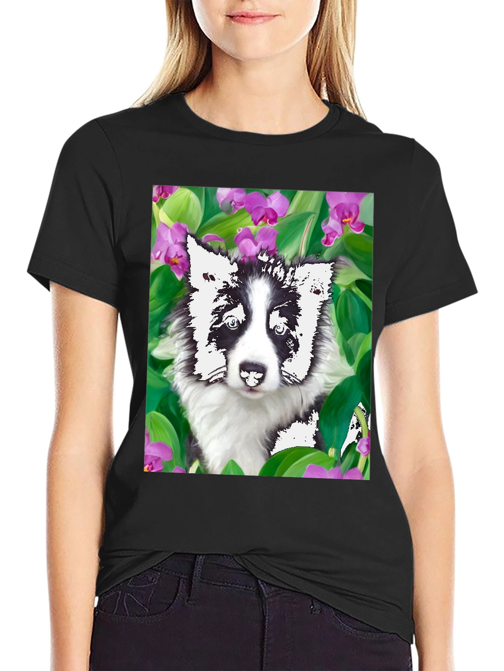 Dog & Flower Graphic Tee - Black T-Shirt