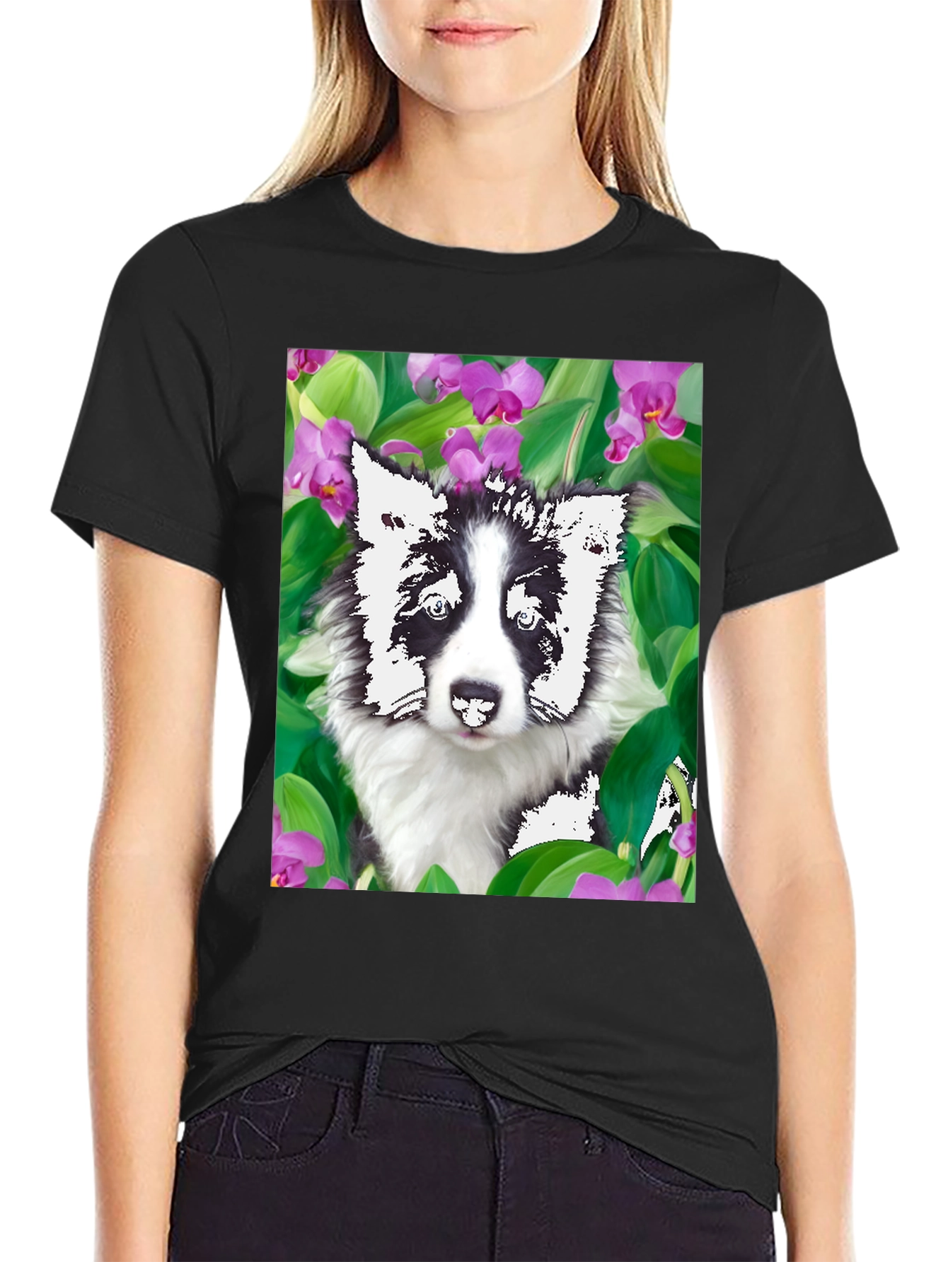 Dog & Flower Graphic Tee - Black T-Shirt