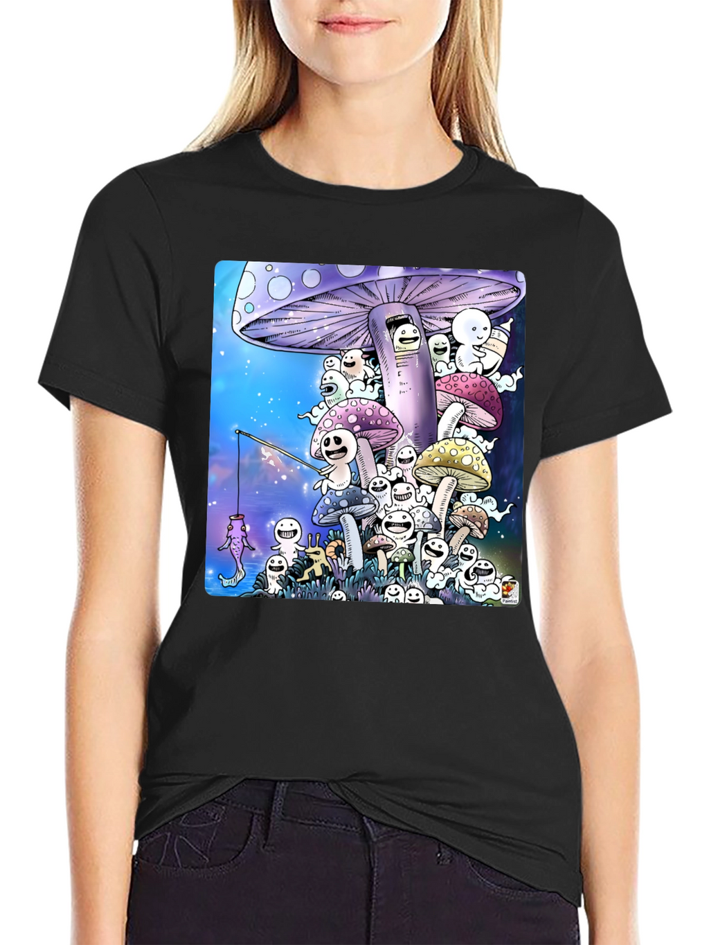 Mushroom Character Graphic Print Black T-Shirt