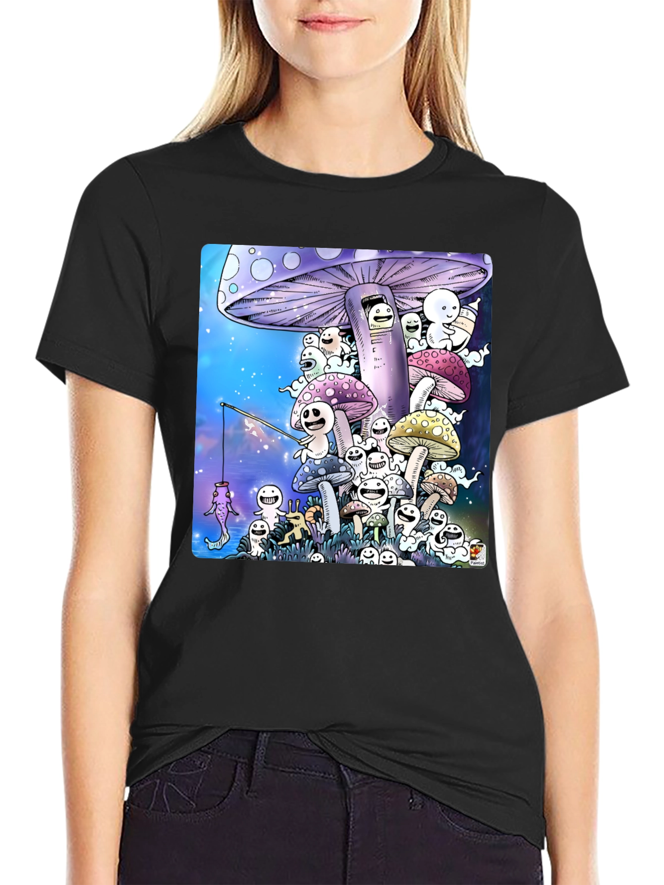 Mushroom Character Graphic Print Black T-Shirt
