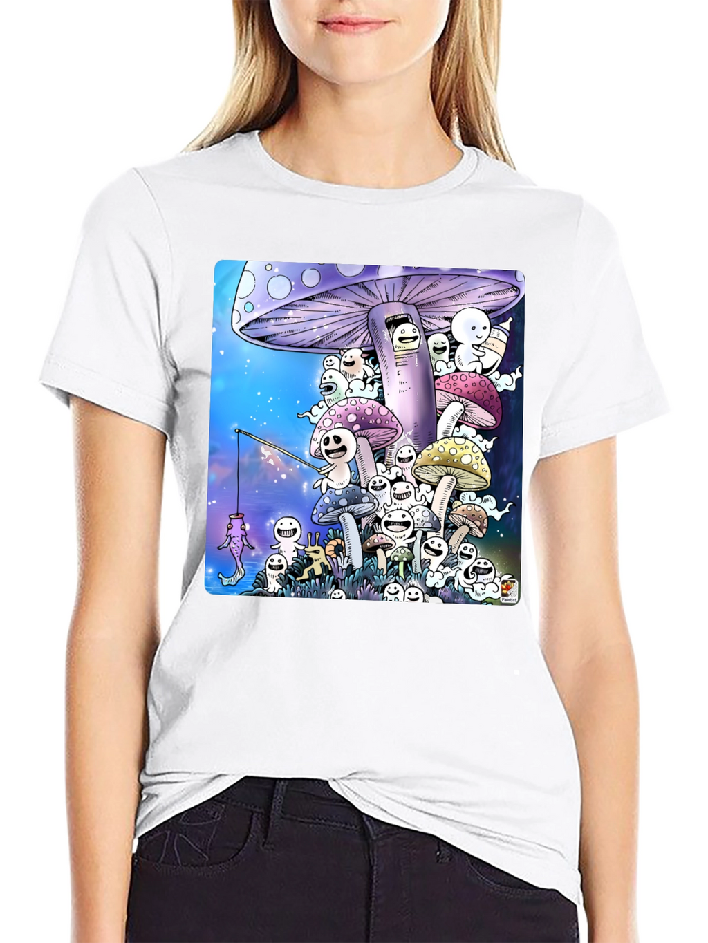Mushroom Character Graphic Print Black T-Shirt