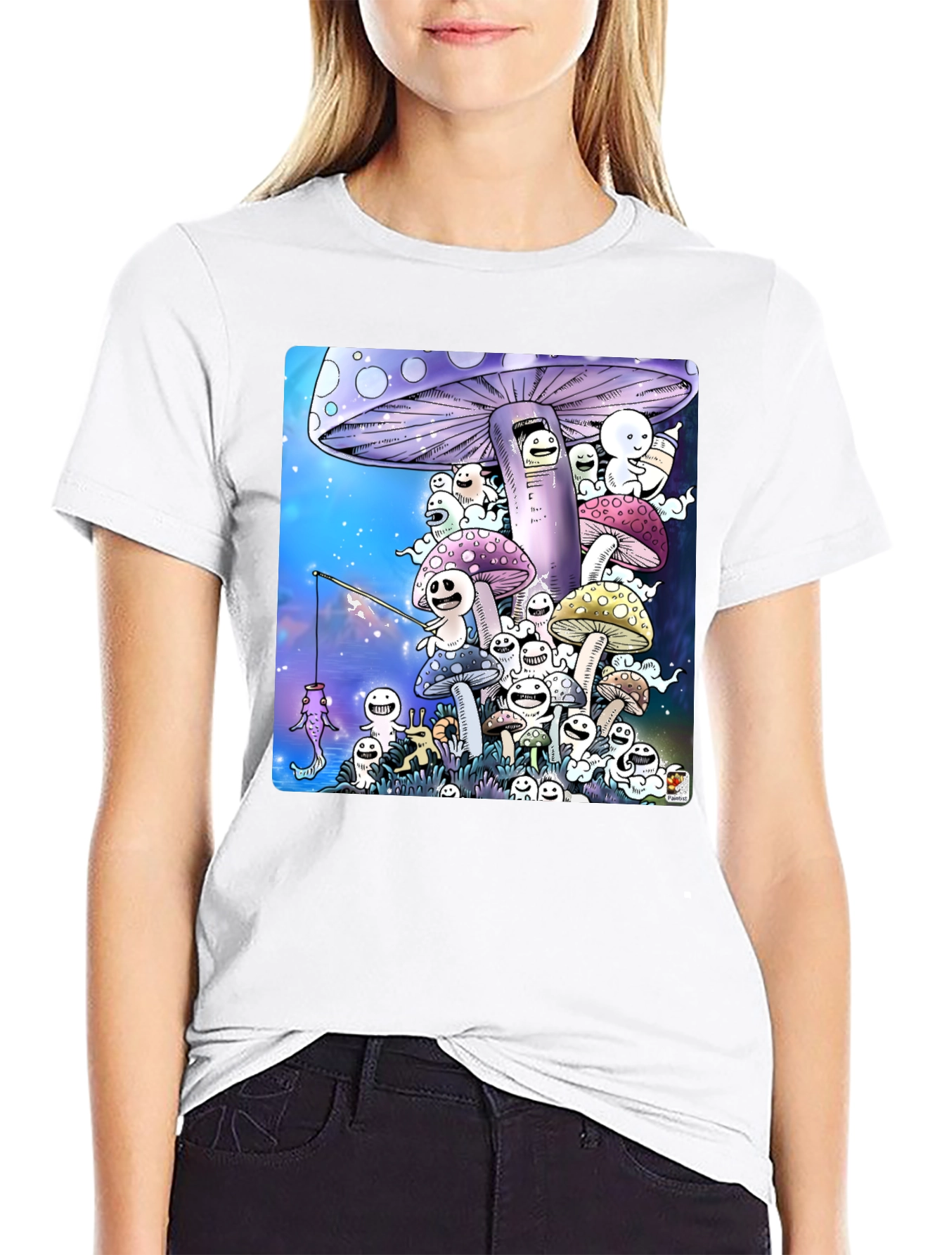Mushroom Character Graphic Print Black T-Shirt