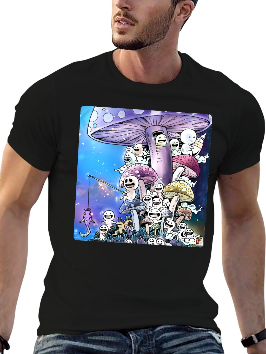 Mushroom Character Graphic Print Black T-Shirt