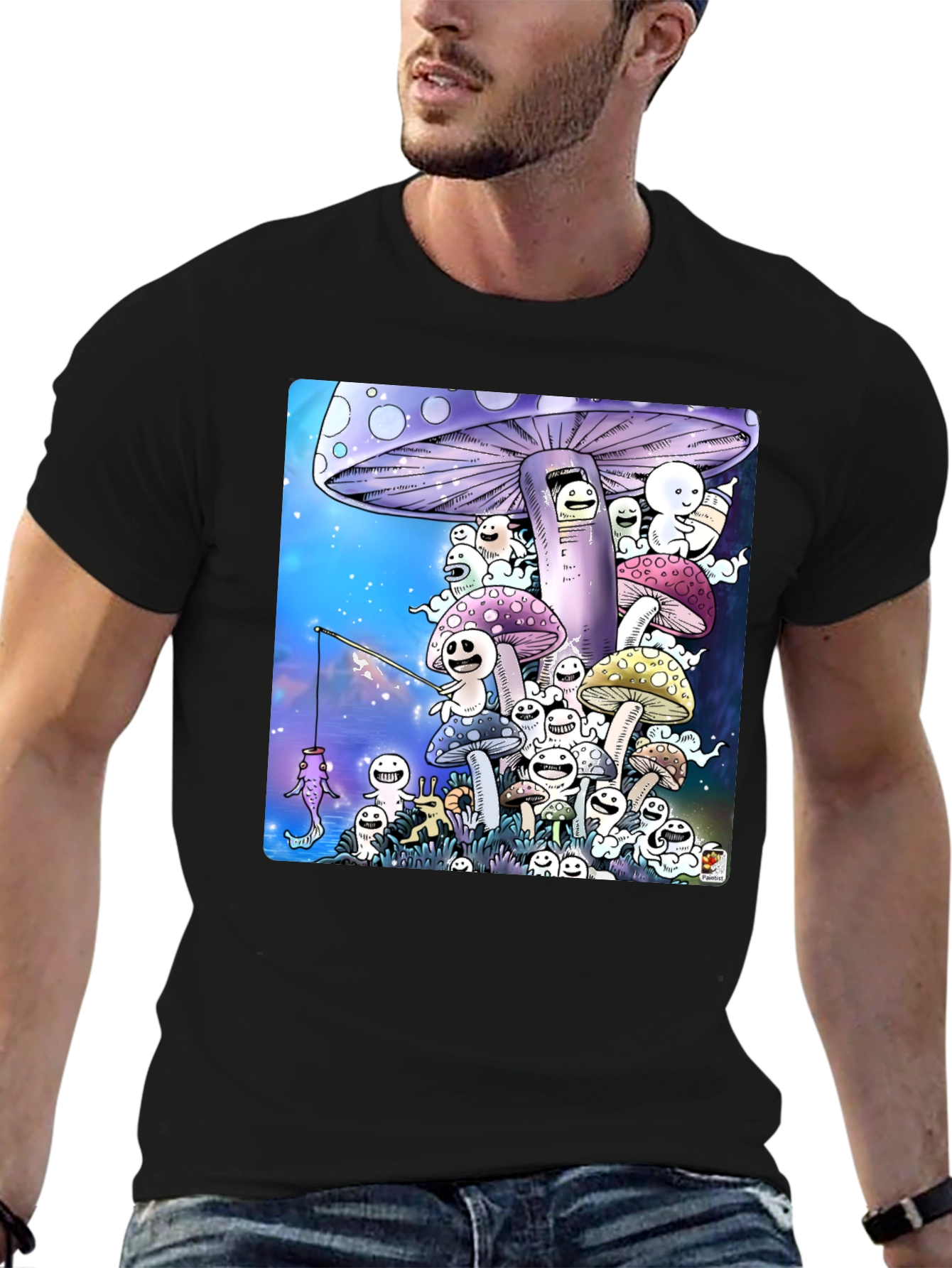 Mushroom Character Graphic Print Black T-Shirt