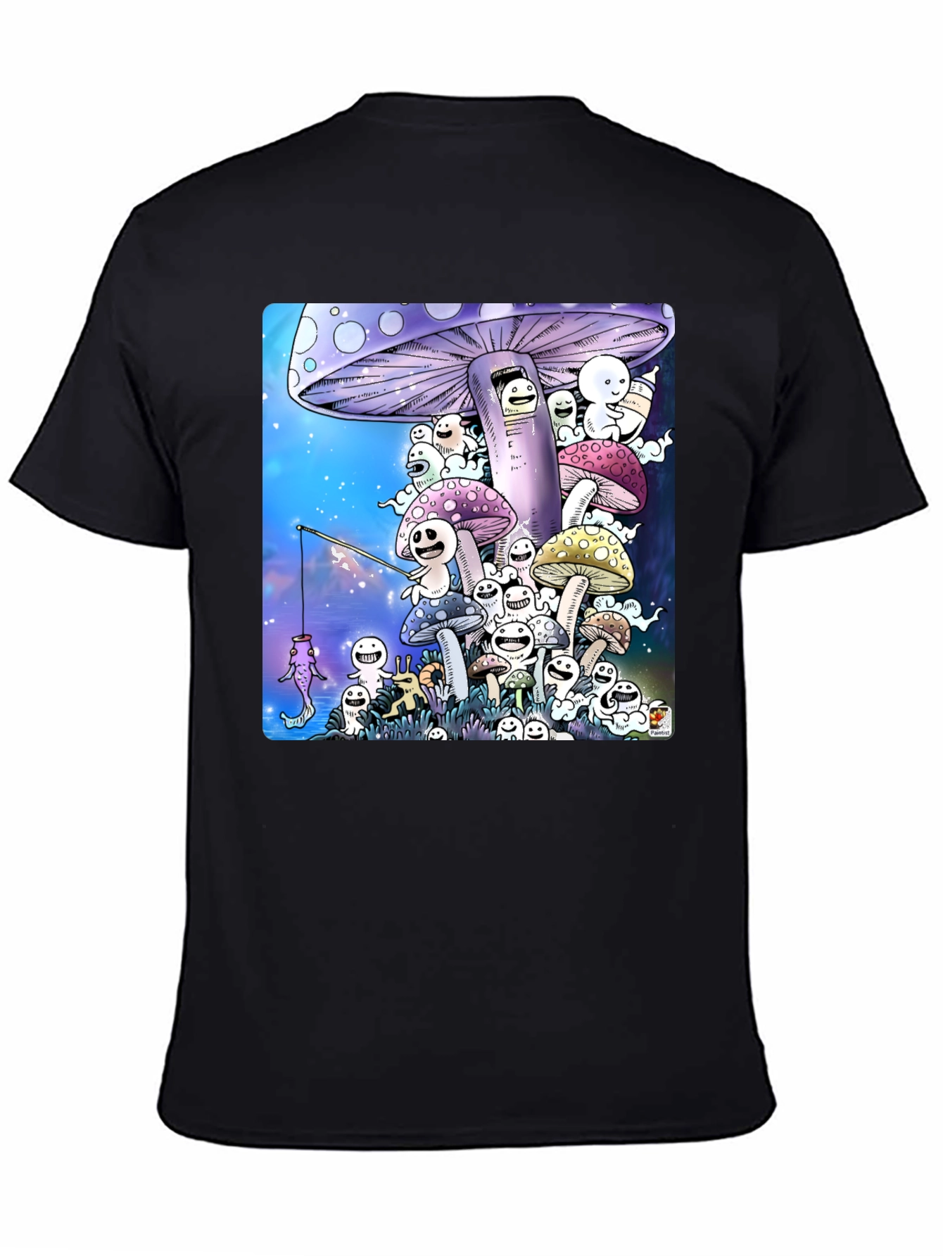 Mushroom Character Graphic Print Black T-Shirt