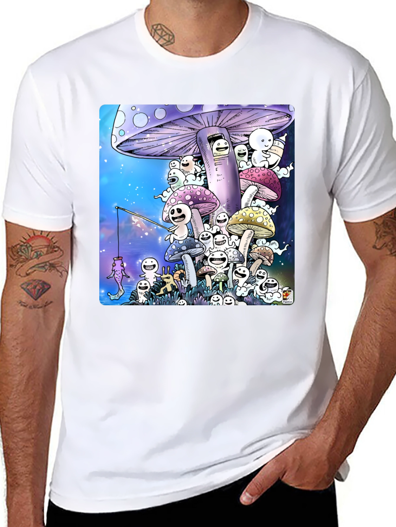 Mushroom Character Graphic Print Black T-Shirt