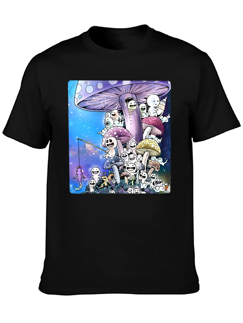 Mushroom Character Graphic Print Black T-Shirt