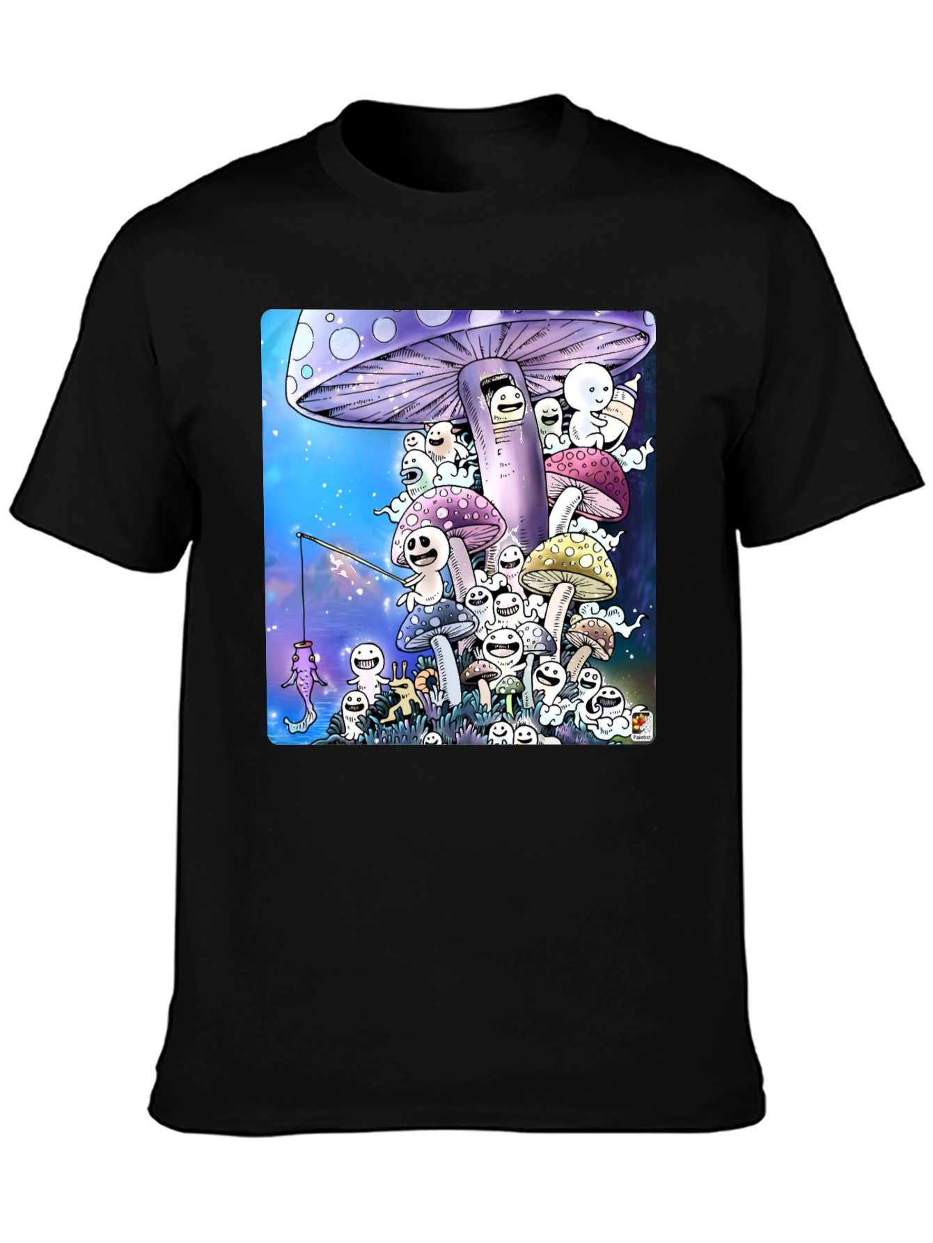 Mushroom Character Graphic Print Black T-Shirt