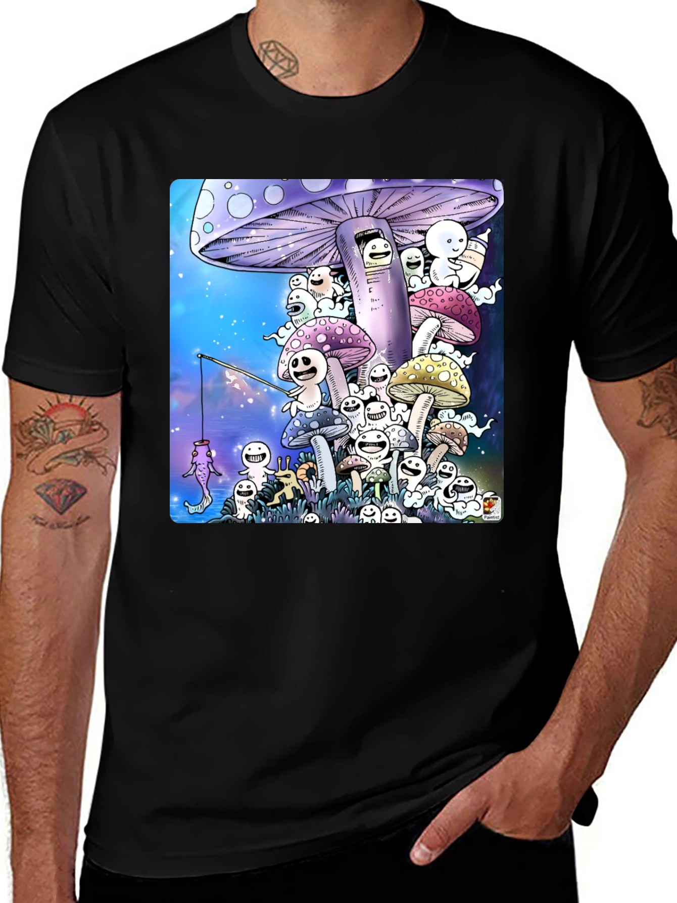 Mushroom Character Graphic Print Black T-Shirt