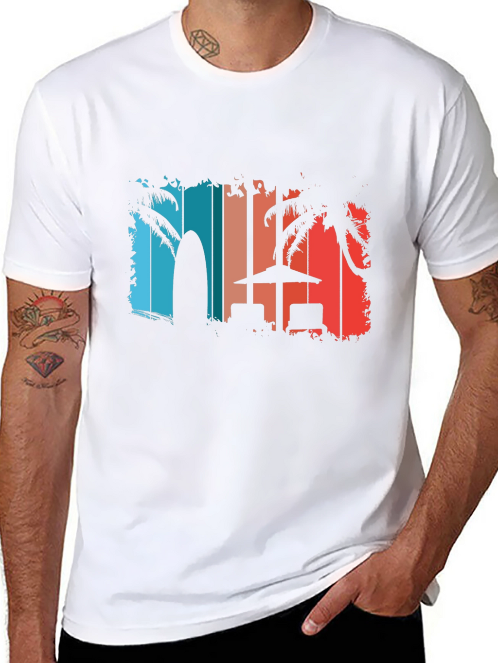 Retro Beach T-Shirt - Palm Tree Surfboard Design