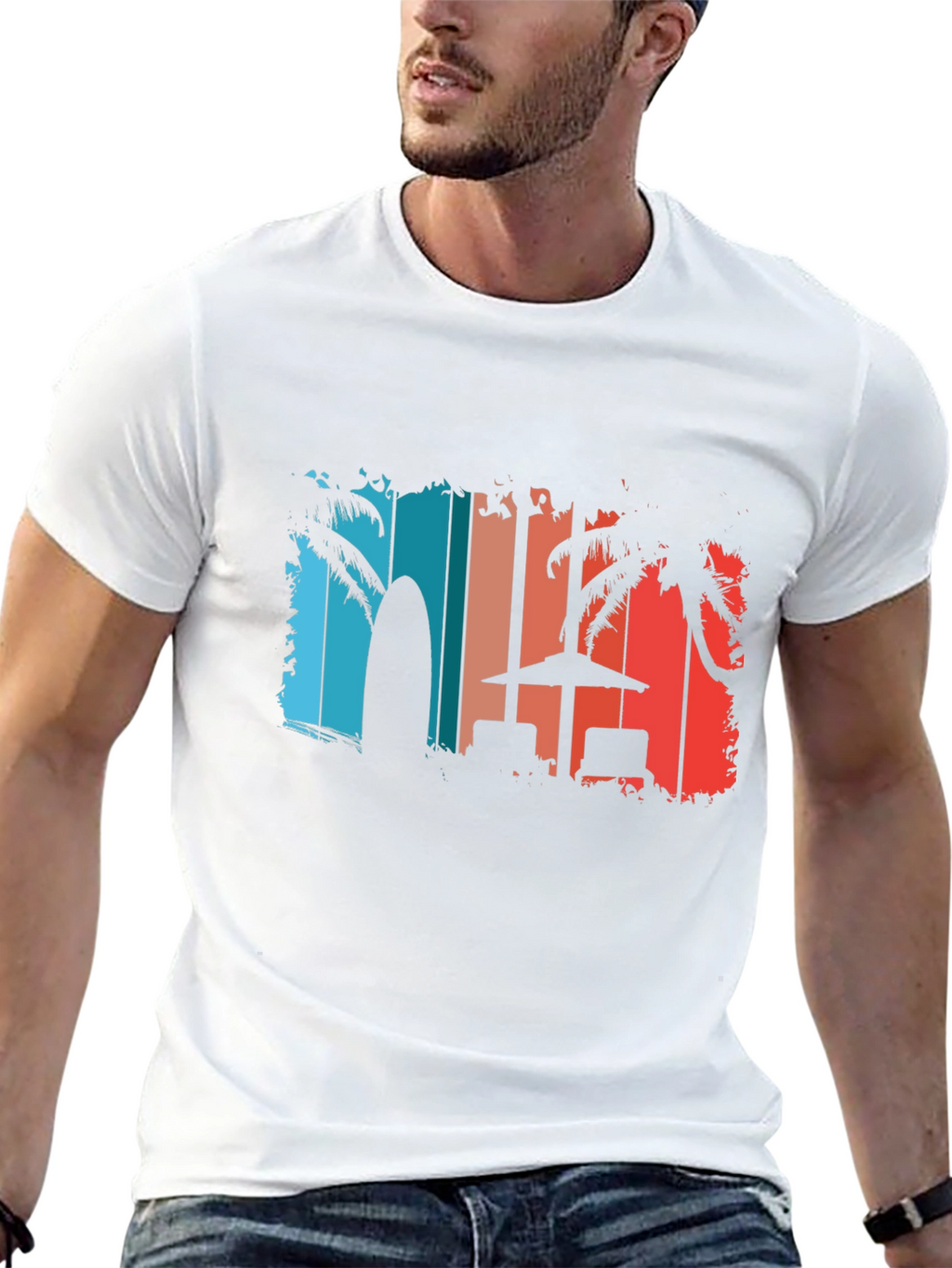 Retro Beach T-Shirt - Palm Tree Surfboard Design