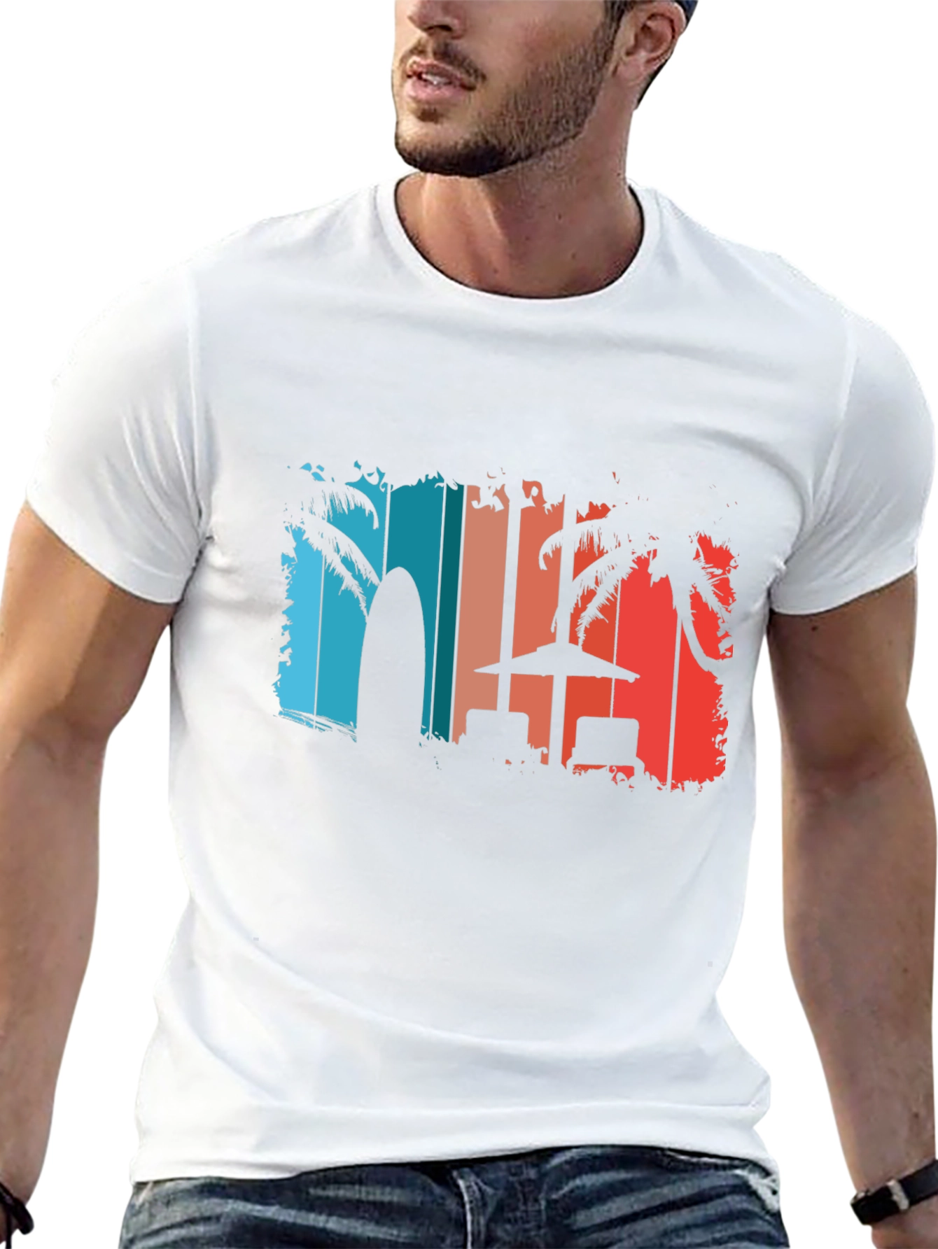 Retro Beach T-Shirt - Palm Tree Surfboard Design