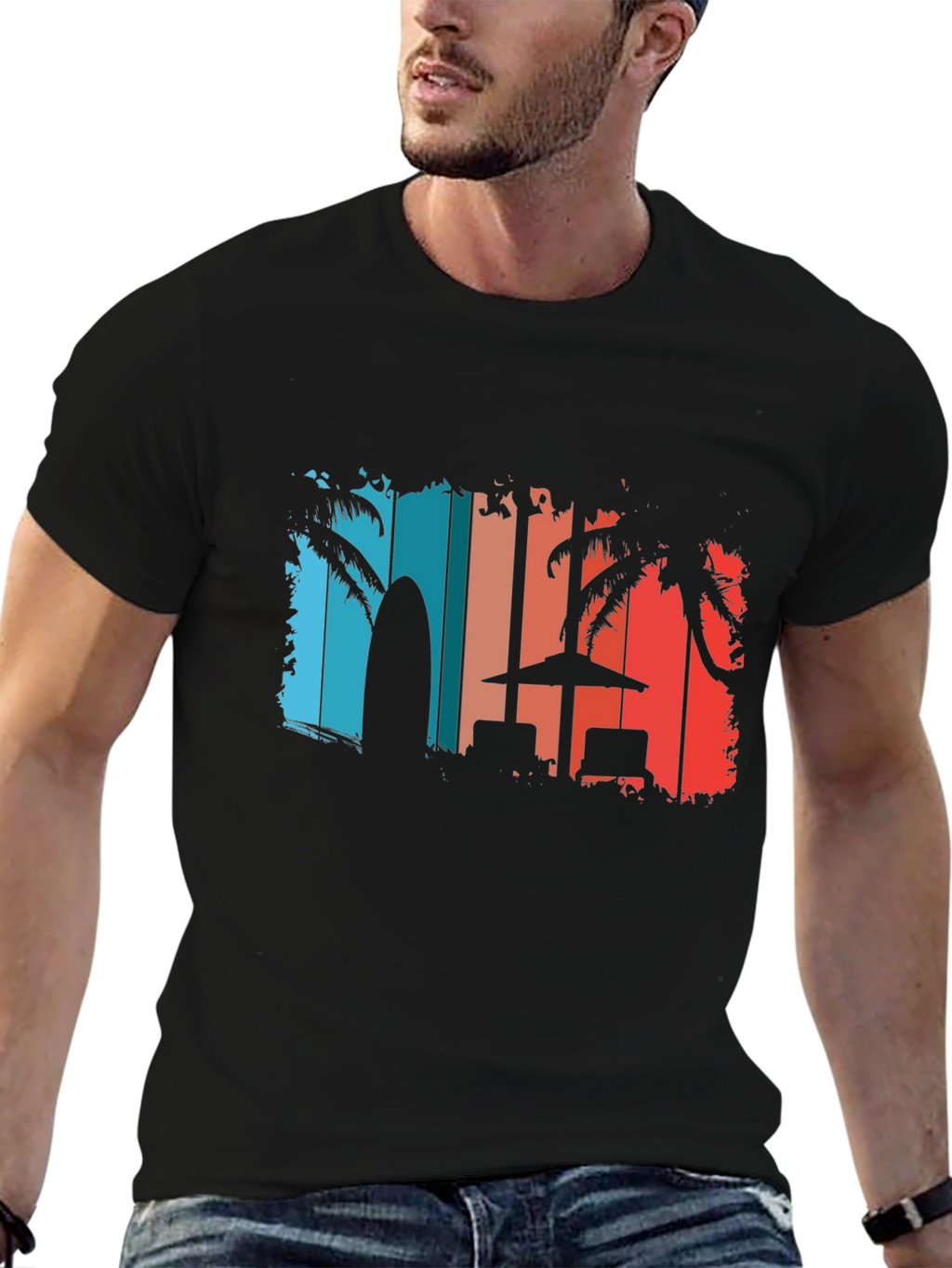 Retro Beach T-Shirt - Palm Tree Surfboard Design