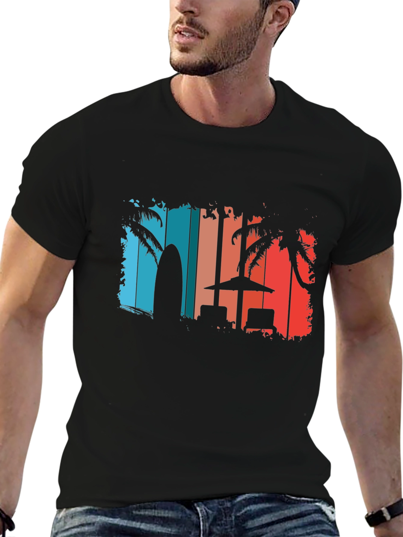 Retro Beach T-Shirt - Palm Tree Surfboard Design