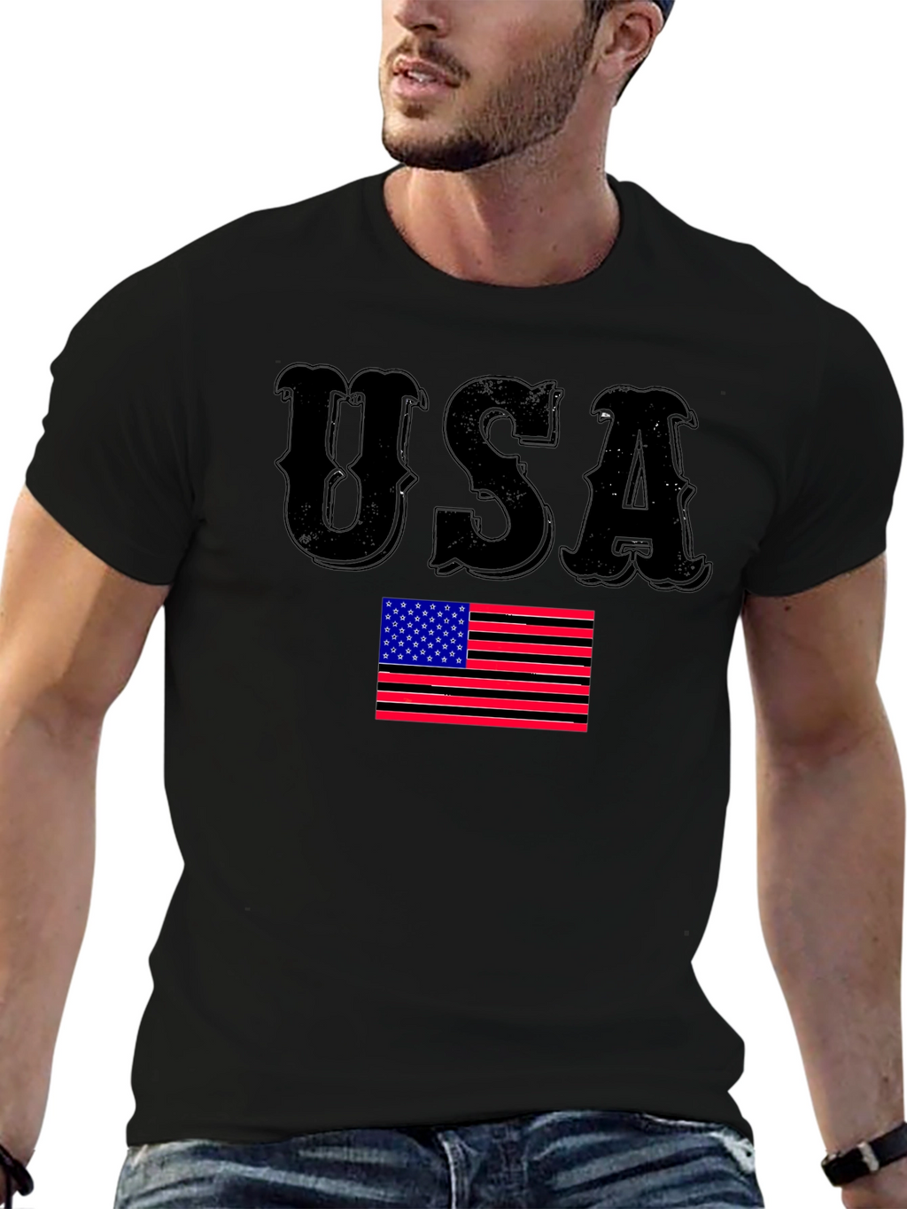 USA Flag Graphic Print Black T-Shirt
