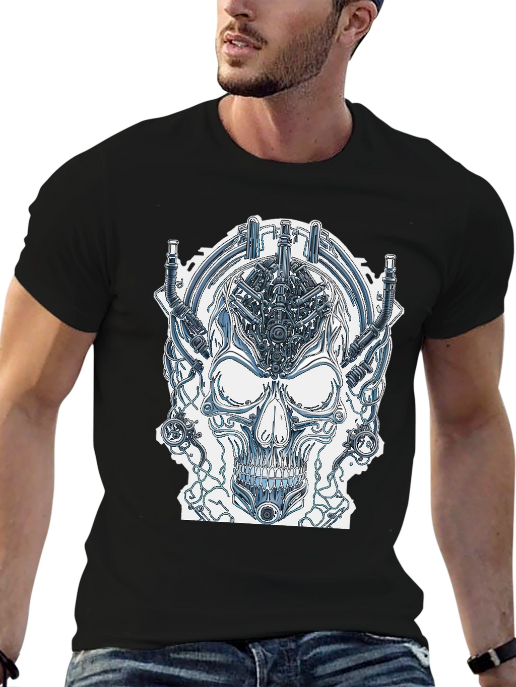 Cyberpunk Skull Graphic Tee - Edgy Sci-Fi Design
