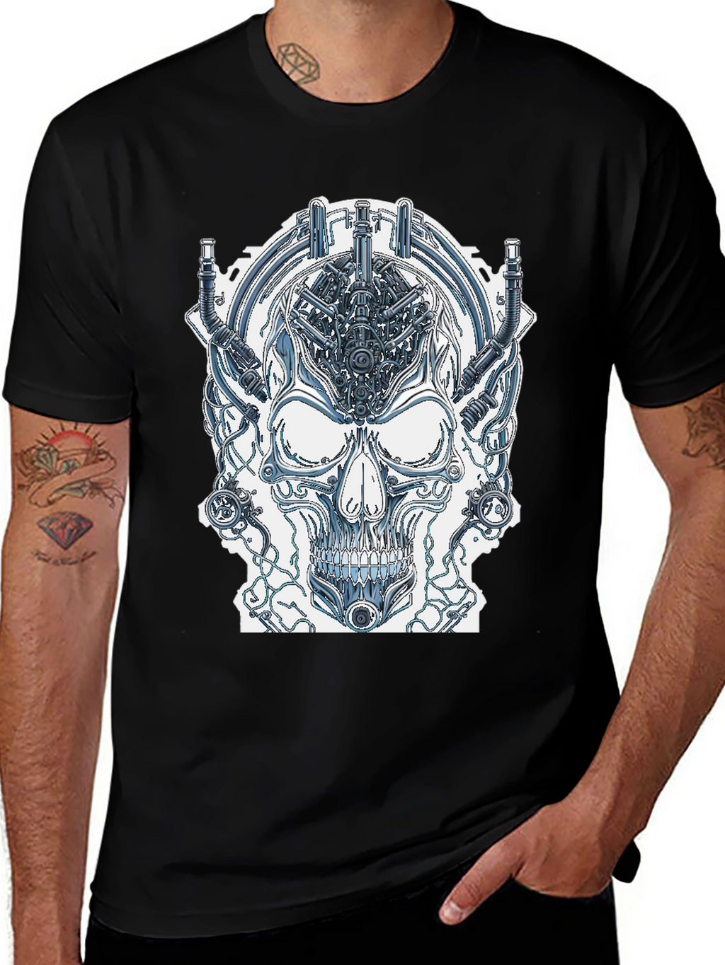 Cyberpunk Skull Graphic Tee - Edgy Sci-Fi Design