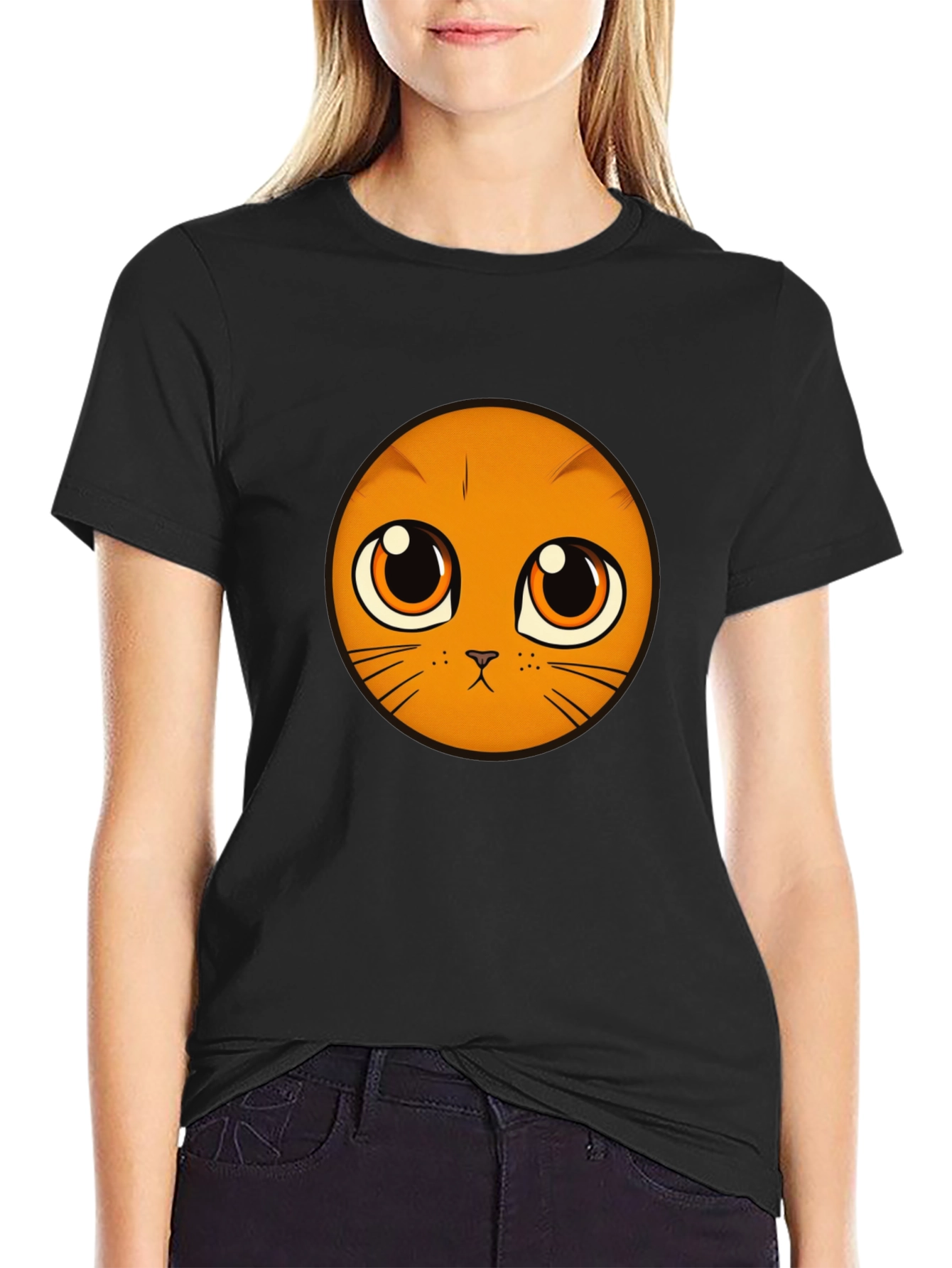 Cute Cat Face Graphic Black T-Shirt