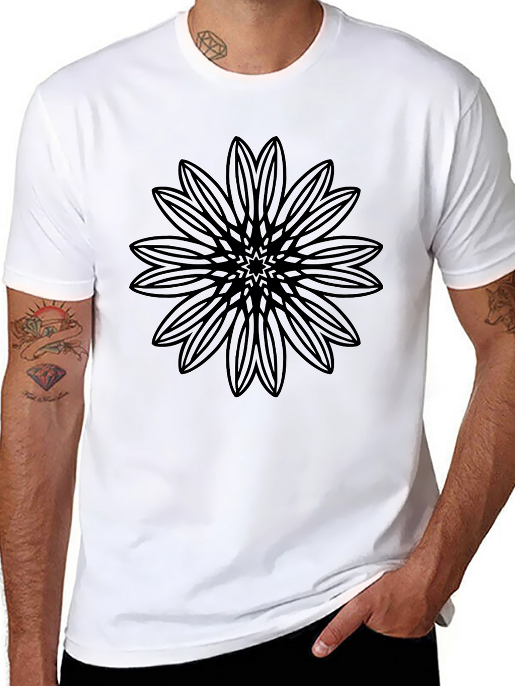 Black T-Shirt with Geometric Floral Design
