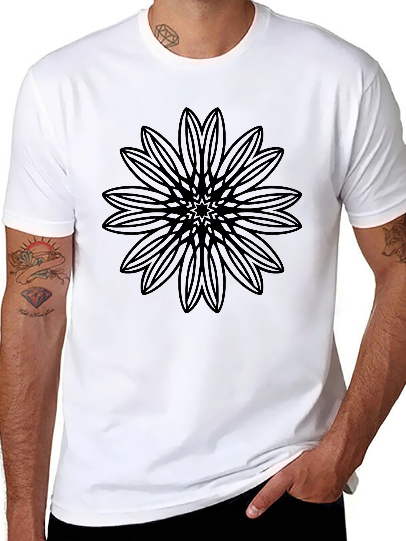 Black T-Shirt with Geometric Floral Design