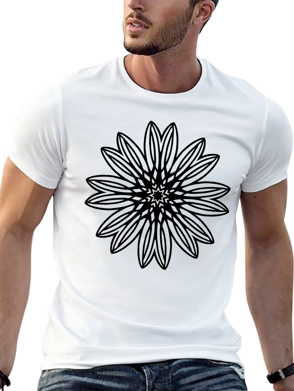 Black T-Shirt with Geometric Floral Design