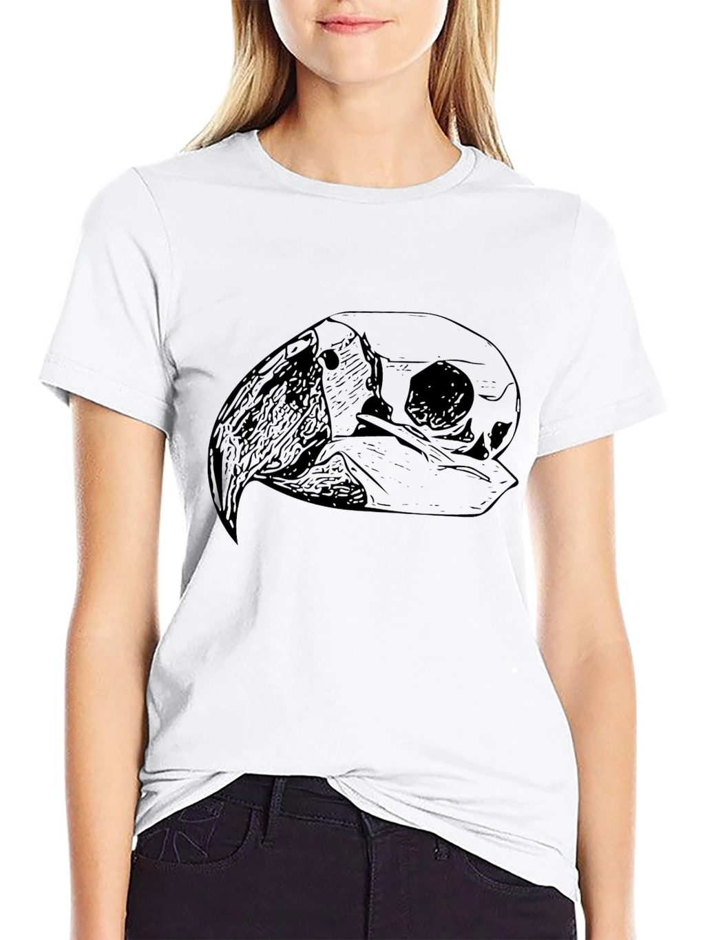 Black T-Shirt with Bird Skull Graphic Print
