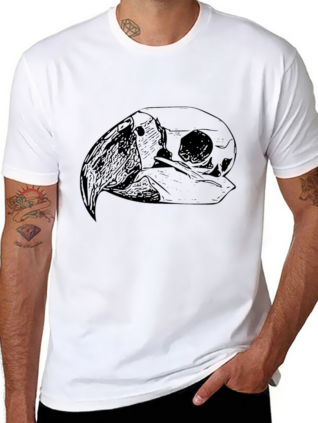 Black T-Shirt with Bird Skull Graphic Print