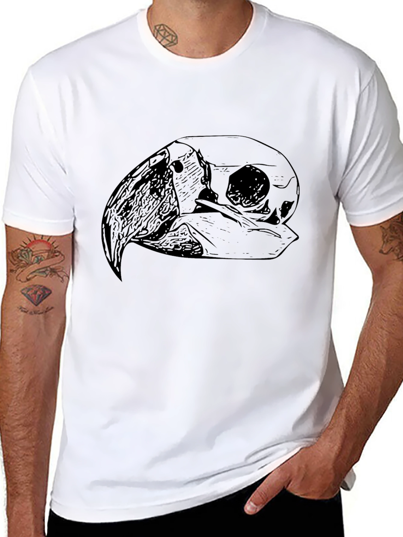 Black T-Shirt with Bird Skull Graphic Print