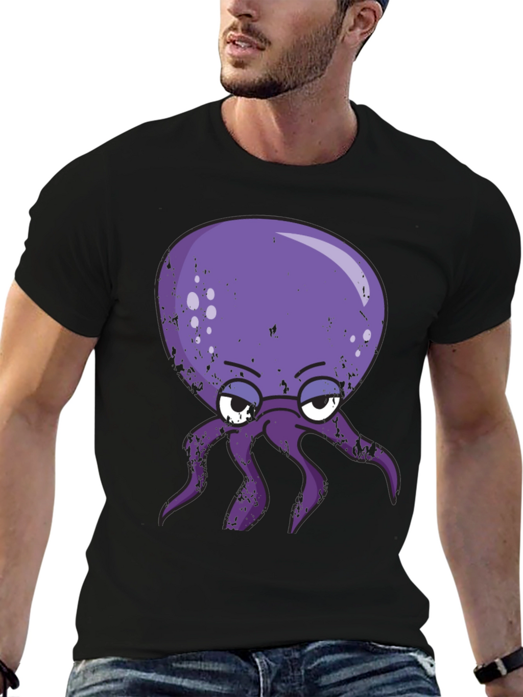 Grumpy Octopus Graphic T-Shirt - Black Cotton Tee