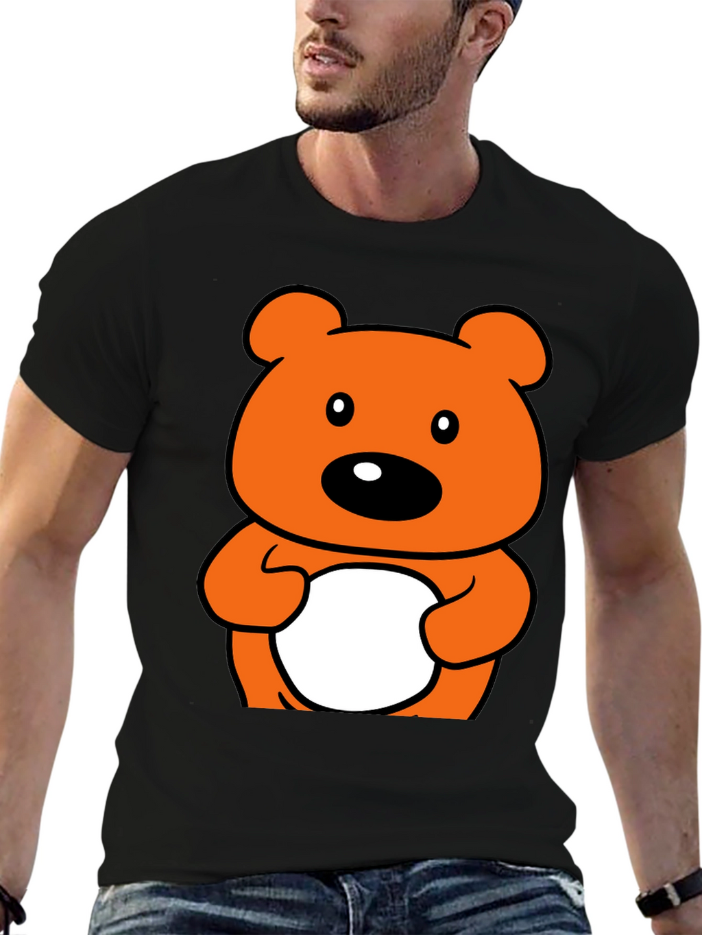 Cute Orange Cartoon Bear Graphic Black T-Shirt