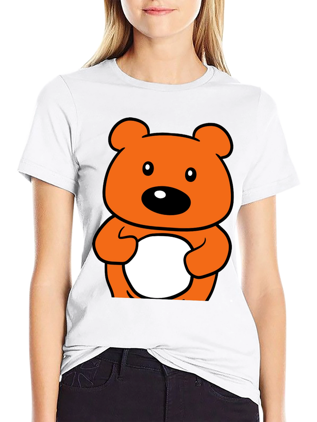 Cute Orange Cartoon Bear Graphic Black T-Shirt