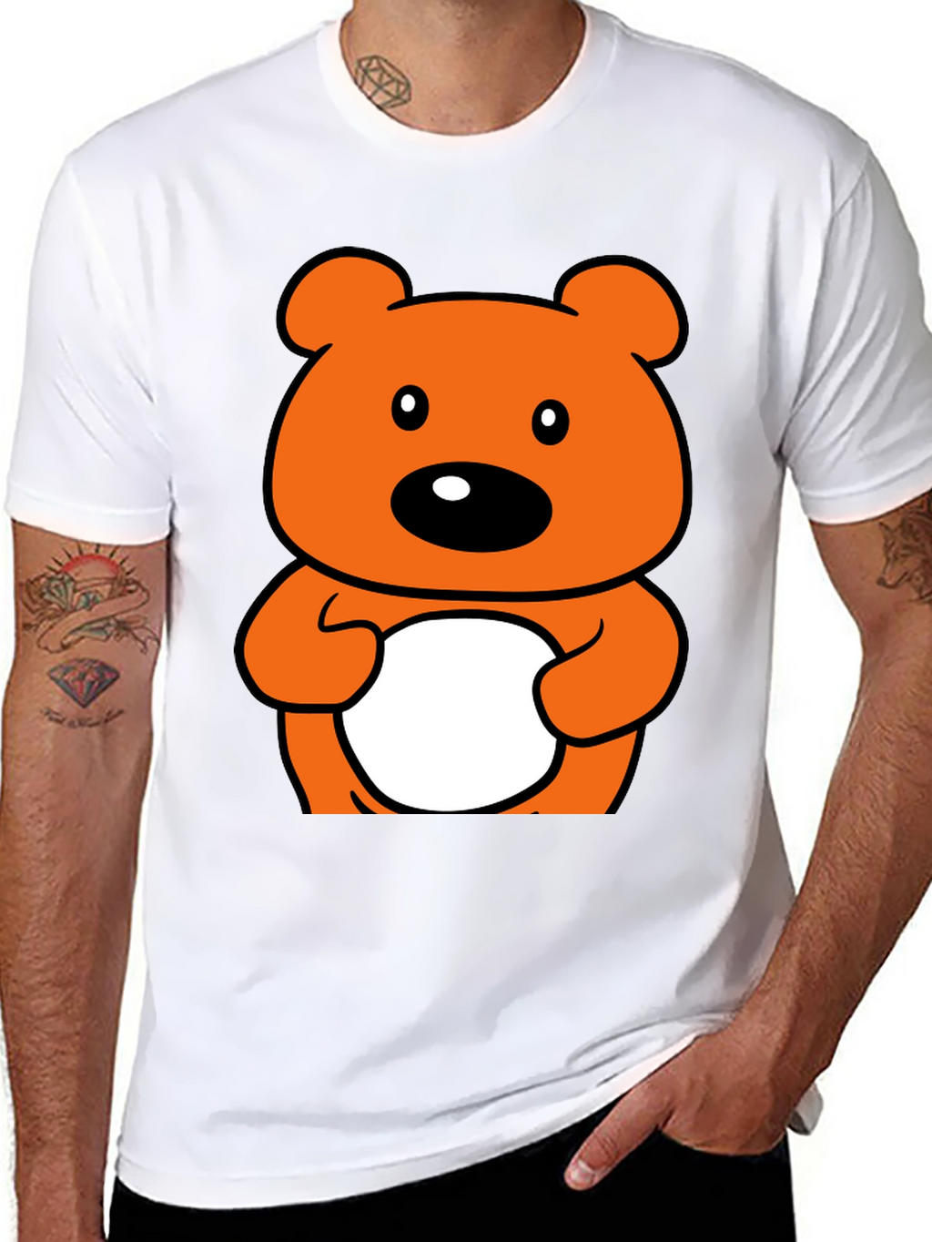 Cute Orange Cartoon Bear Graphic Black T-Shirt