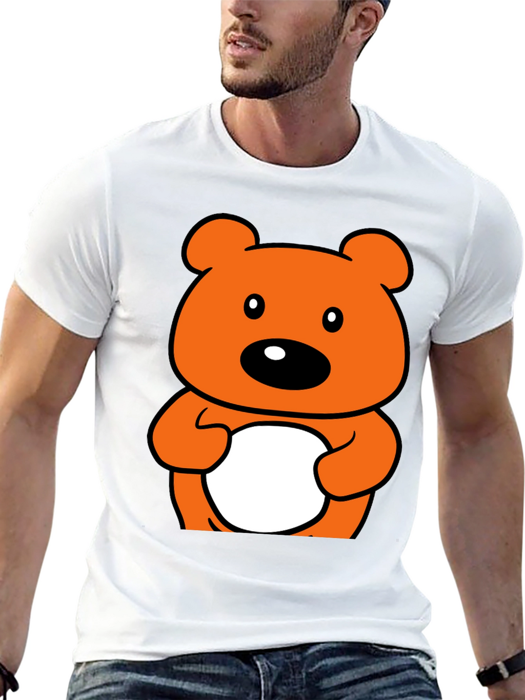 Cute Orange Cartoon Bear Graphic Black T-Shirt
