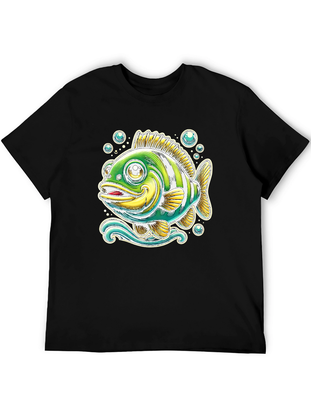 Cartoon Fish Graphic Tee - Black Cotton T-Shirt