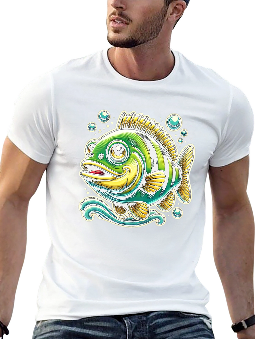 Cartoon Fish Graphic Tee - Black Cotton T-Shirt