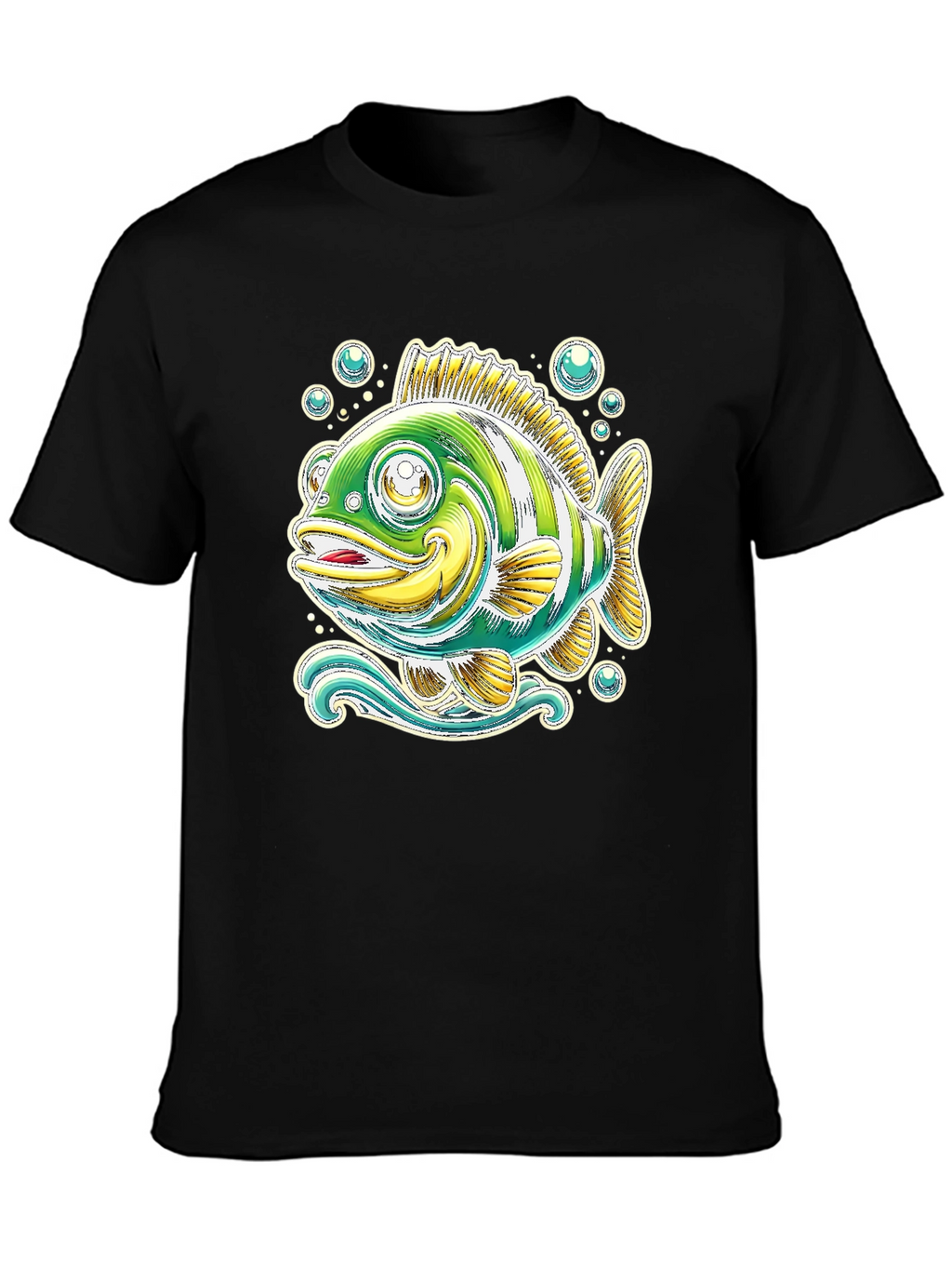 Cartoon Fish Graphic Tee - Black Cotton T-Shirt