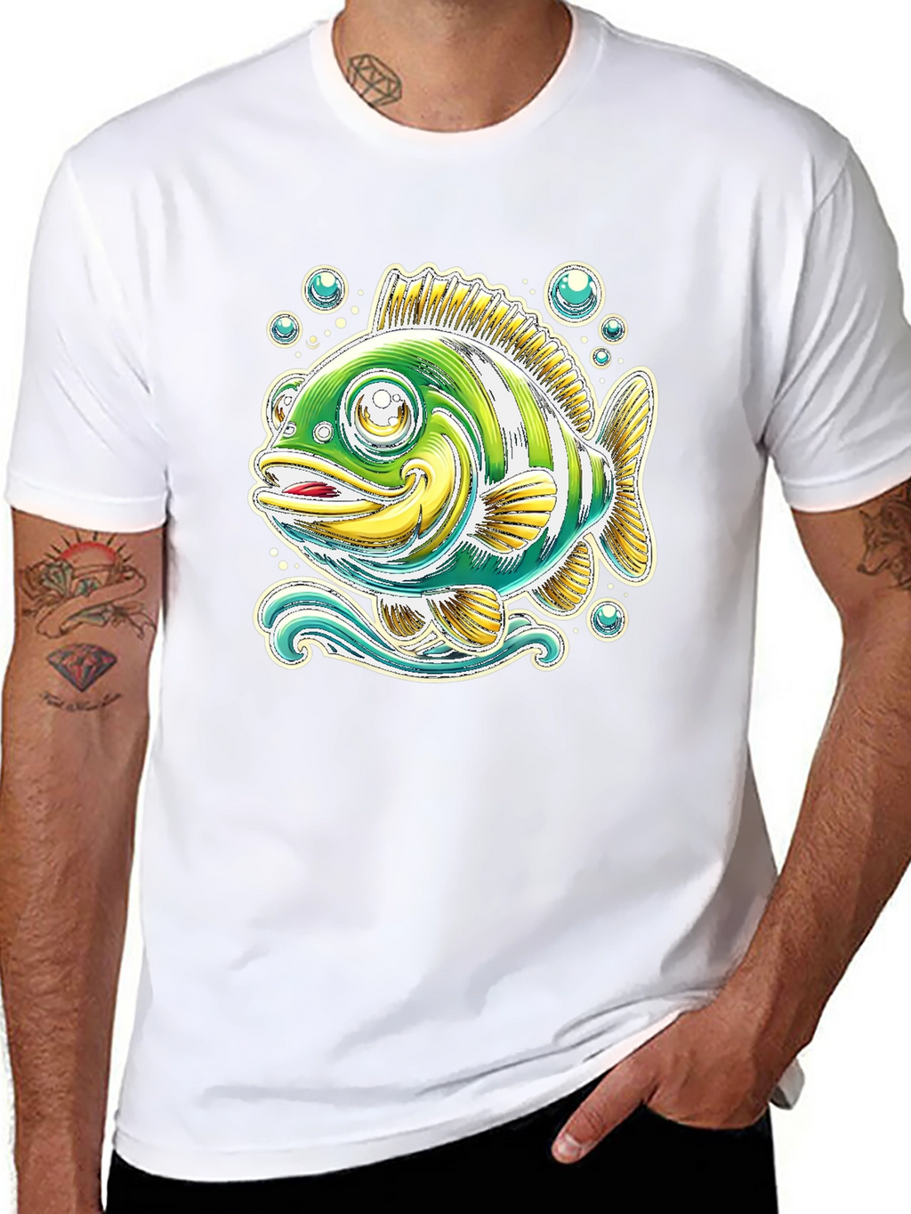 Cartoon Fish Graphic Tee - Black Cotton T-Shirt
