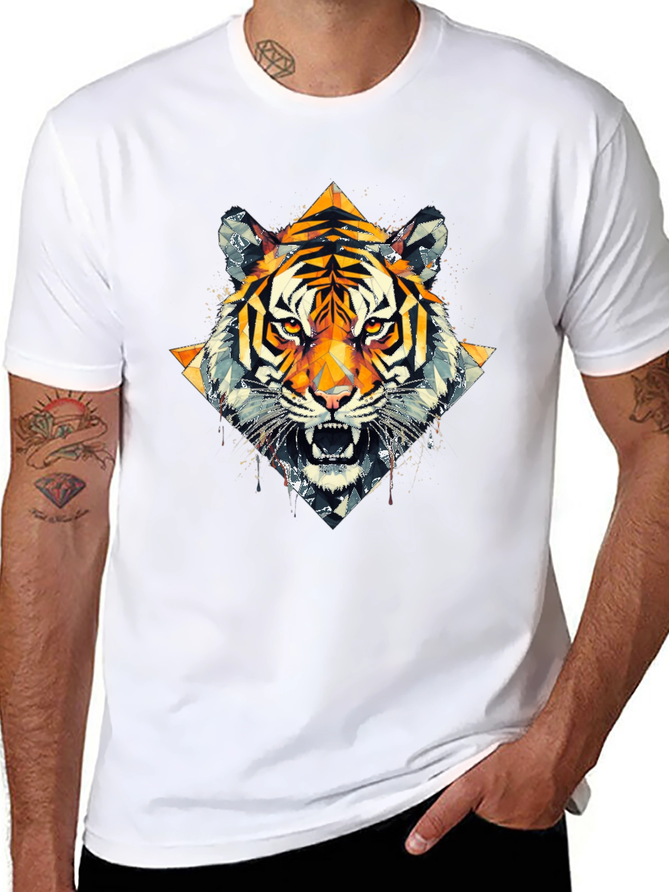 Geometric Tiger Graphic Black T-Shirt