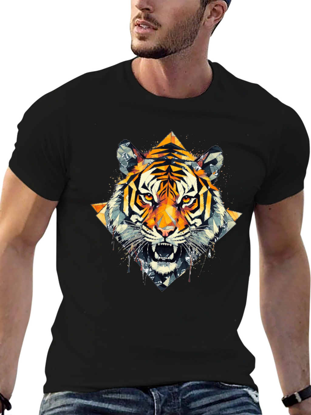 Geometric Tiger Graphic Black T-Shirt