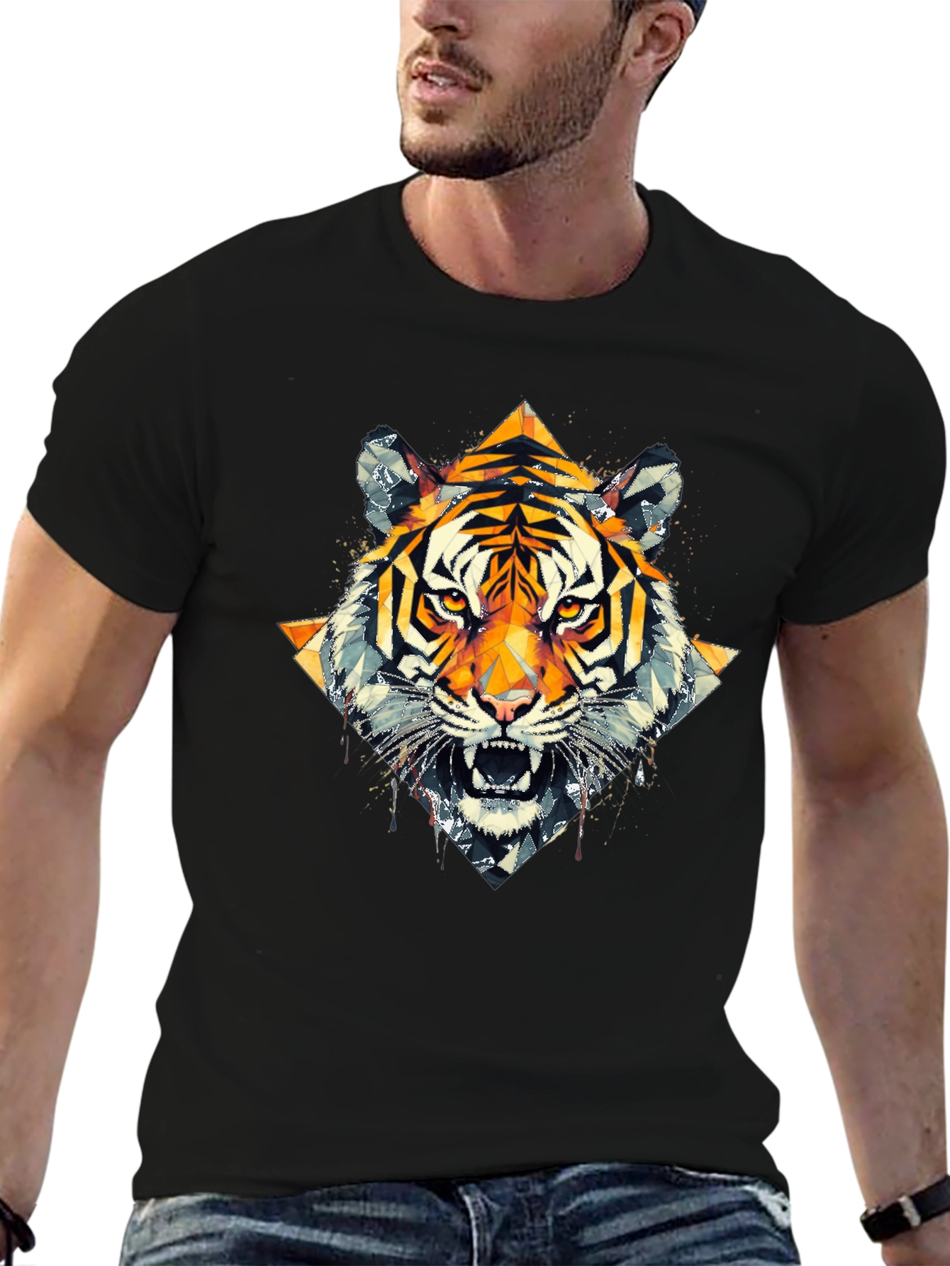 Geometric Tiger Graphic Black T-Shirt