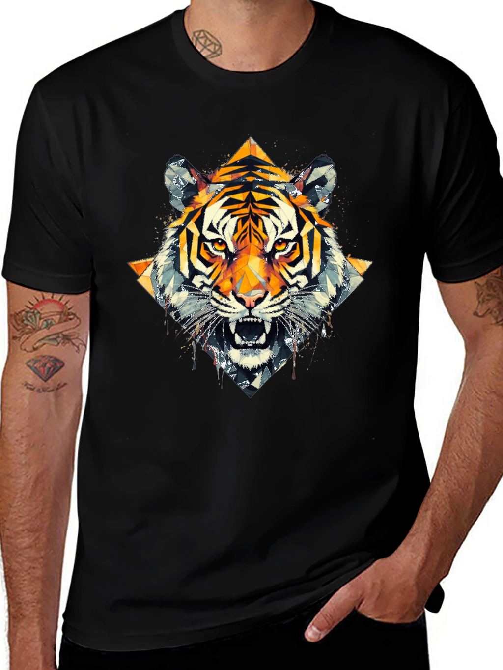 Geometric Tiger Graphic Black T-Shirt