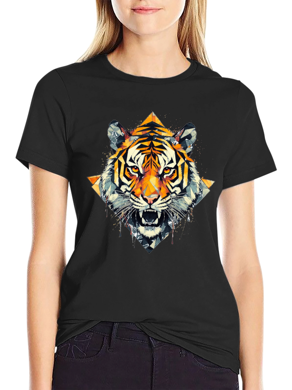 Geometric Tiger Graphic Black T-Shirt