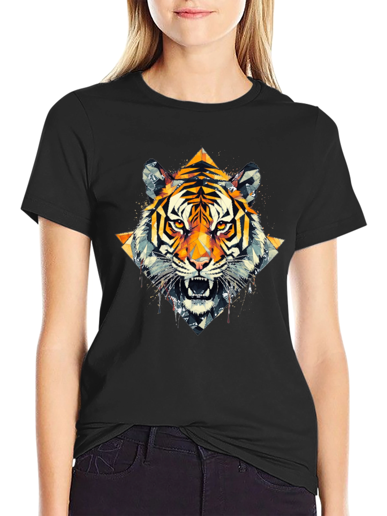 Geometric Tiger Graphic Black T-Shirt