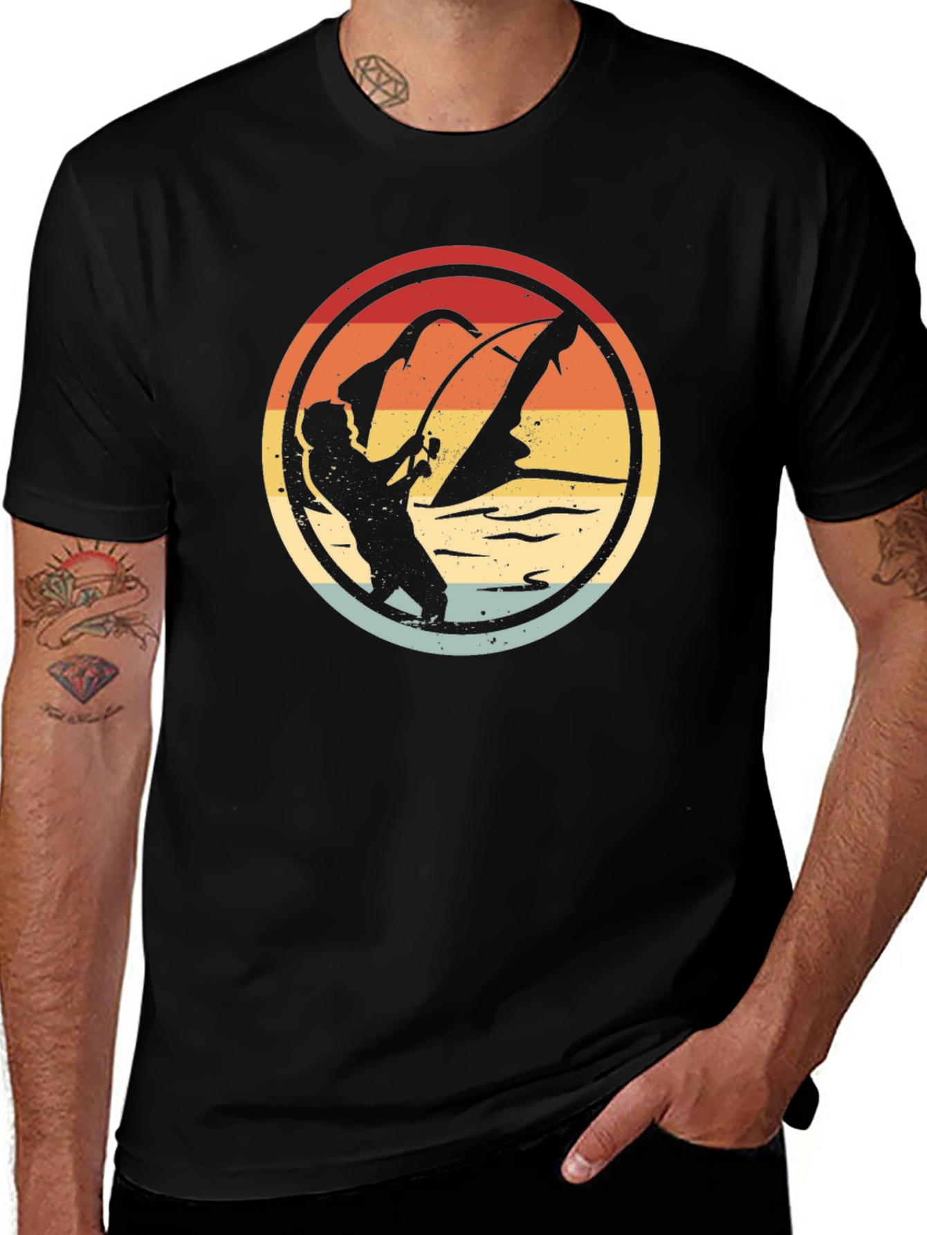 Retro Fishing Graphic Tee - Black Cotton Blend