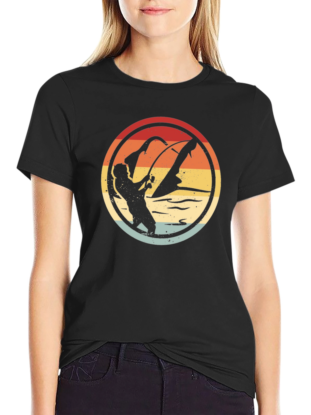 Retro Fishing Graphic Tee - Black Cotton Blend