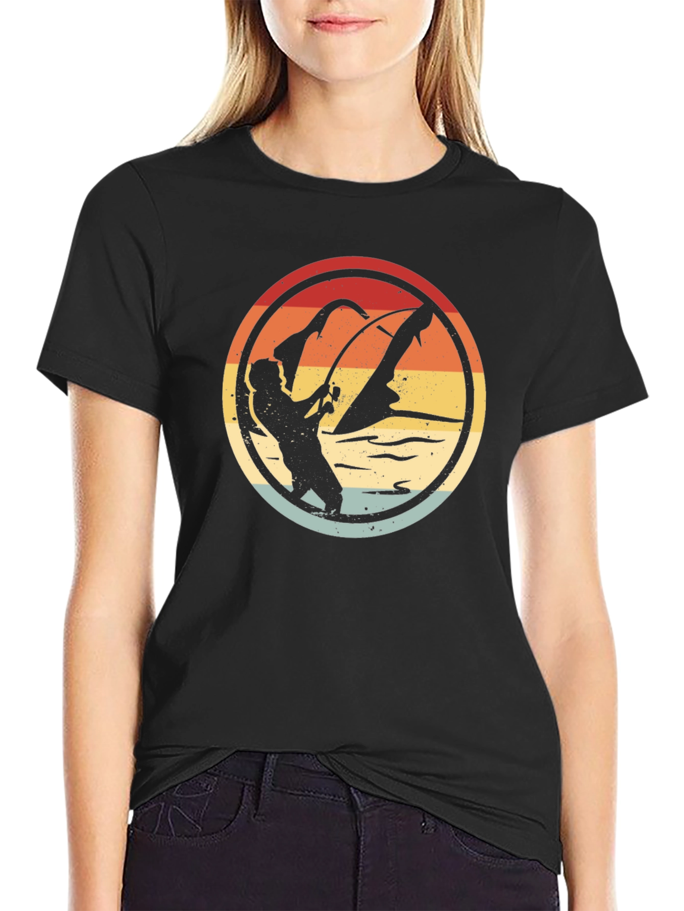 Retro Fishing Graphic Tee - Black Cotton Blend